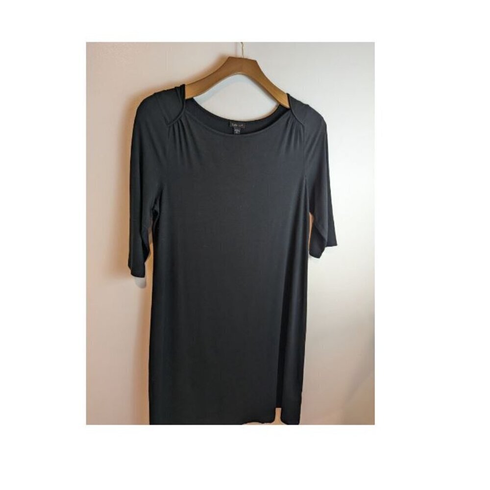 J. Jill Wearever 3/4 Sleeve Pleated Shoulder Black Dress, Sz M